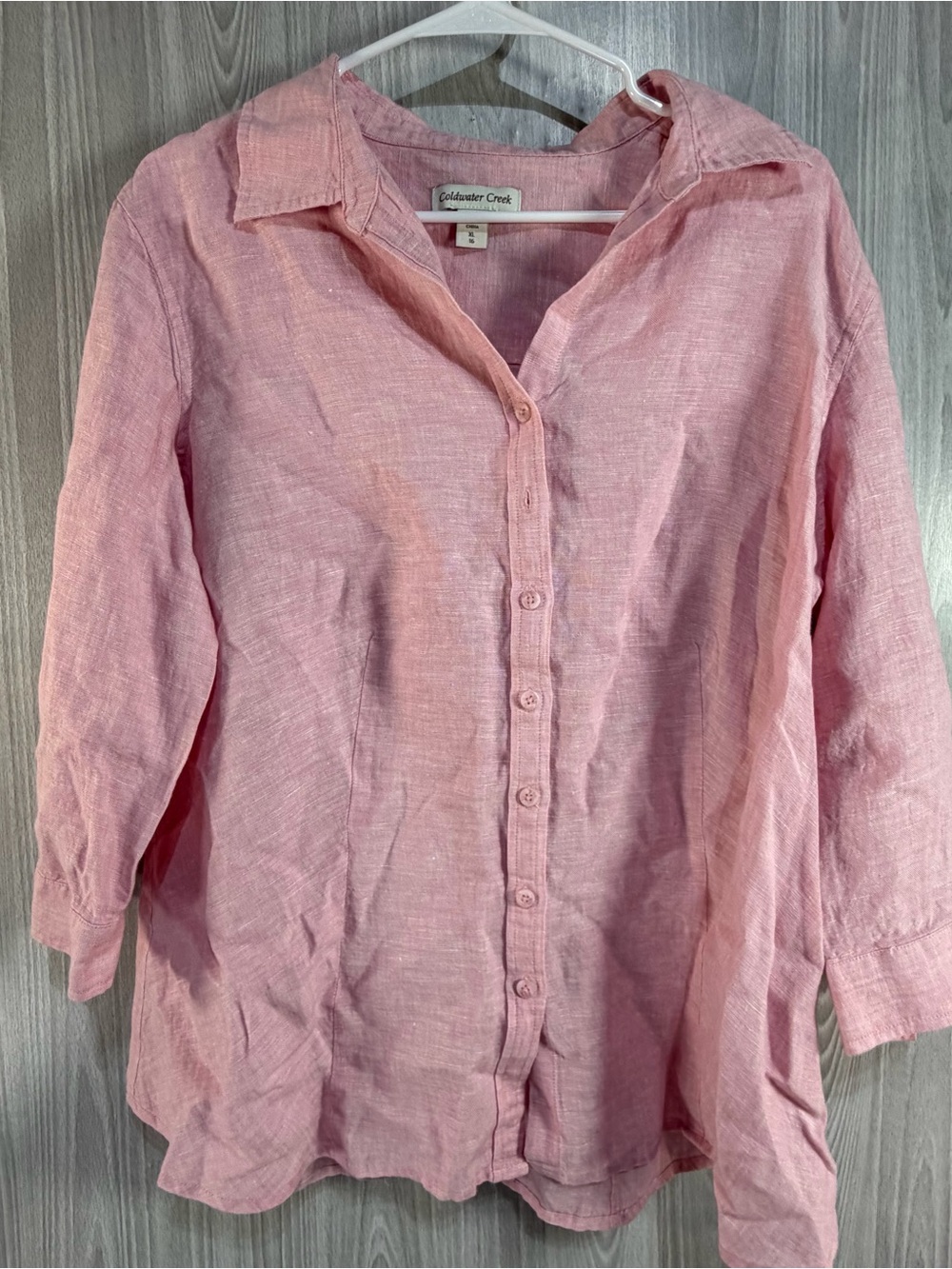 Coldwater Creek Women 100% Linen XL Button Up 3/4 Sleeves Shirt Blouse Pink